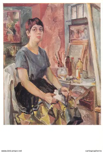 A5471 Fine art painting postcard Anni Jung Self portrait in the studio