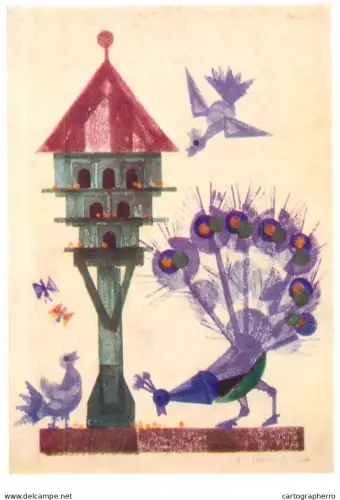 A5471 Fine art painting postcard Heinz Olbrich Dove with peacock