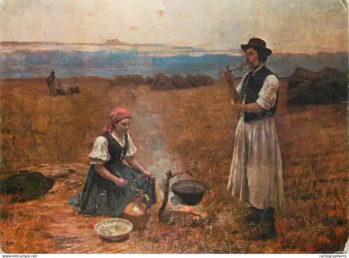 A5470 Fine art painting postcard Bihari Sandor Dinner being made