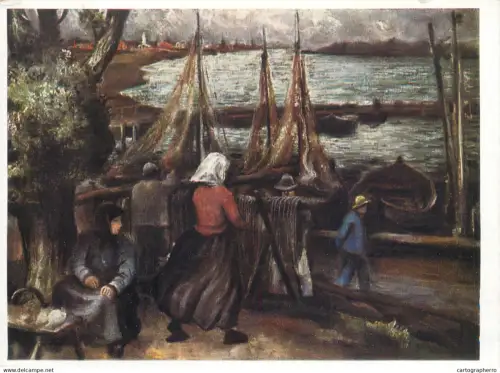 A5470 Fine art painting postcard Karl Eulenstein fishing village