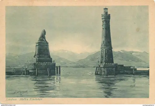 A5841 Germany Lindau im Bodensee Hafen Einfahrt V. Marschall Gemalde