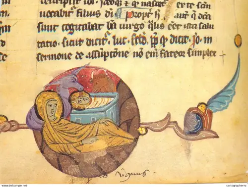 A5427 Religious fine art postcard Medieval manuscript depicting the Nativity scene