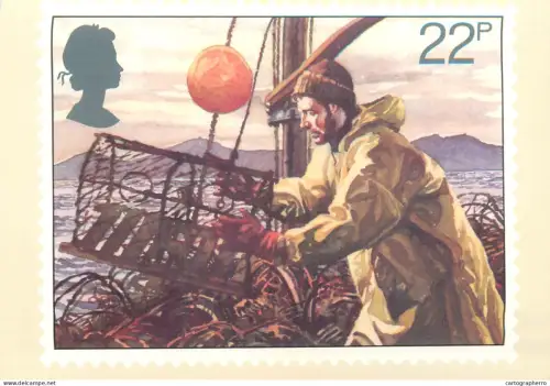 A5426 British stamp designed postcard Brian Sanders Fishing Lobster potting