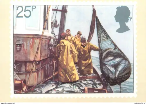 A5426 British stamp designed postcard Brian Sanders Fishing Hauling seine net