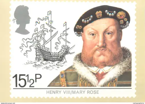 A5426 British stamp designed postcard Marjorie Saynor Henry VIII and Mary Rose