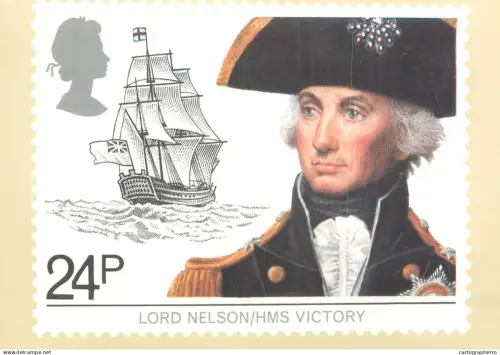 A5426 British stamp designed postcard Marjorie Saynor Maritime Lord Nelson and HMS Victory