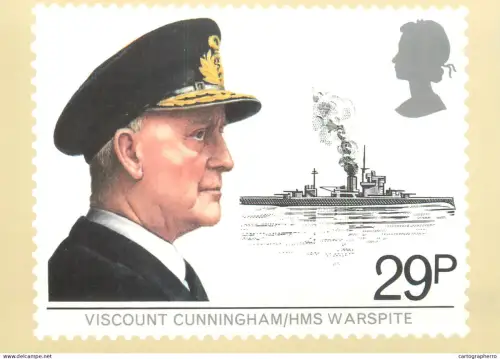 A5426 British stamp designed postcard Marjorie Saynor Maritime Viscount Cunningham and HMS's Warspite