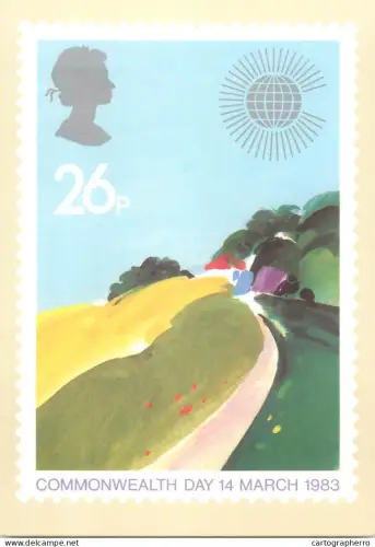 A5426 British stamp designed postcard Donald Hamilton Fraser Commonwealth Day 1983 hill