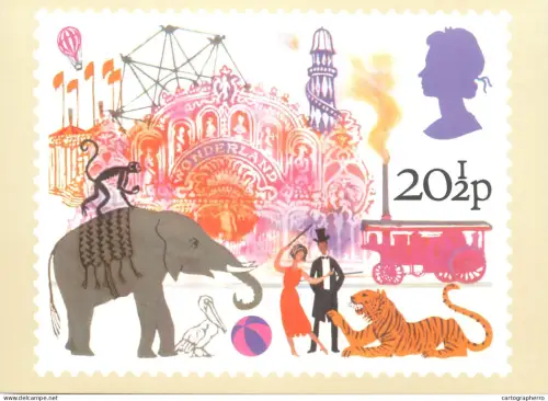 A5426 British stamp designed postcard Andrew Restall Menagerie and fairground rides