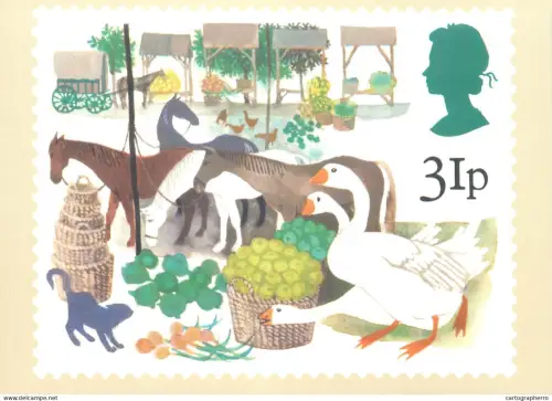 A5426 British stamp designed postcard Andrew Restall Early trade and produce fair