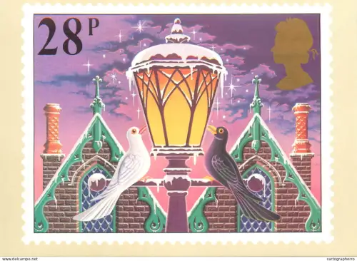 A5426 British stamp designed postcard Tony Meeuwissen Christmas 1983 Lantern wit black and white birds