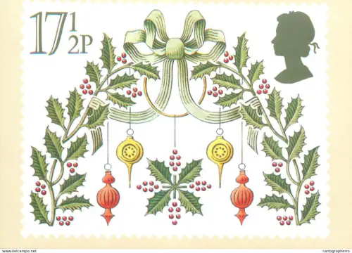 A5426 British stamp designed postcard Jeffery Matthews Christmas holly wreath