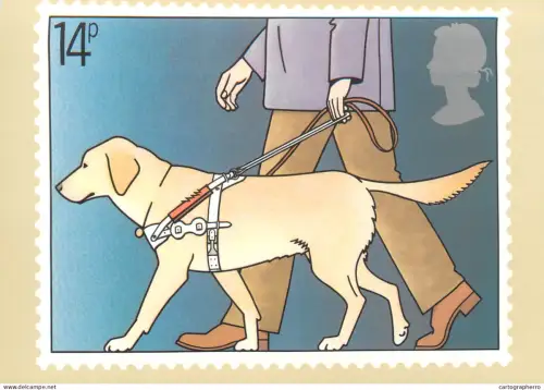 A5426 British stamp designed postcard Johm Gibbs Guide Dog blind man