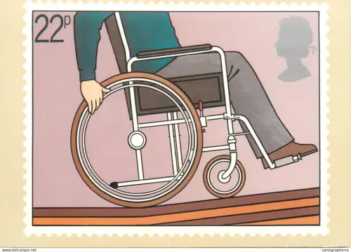 A5426 British stamp designed postcard Johm Gibbs Guide person in wheelchair