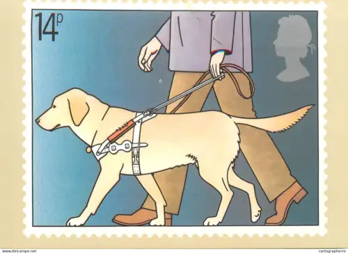A5426 British stamp designed postcard Johm Gibbs Guide dog blind man