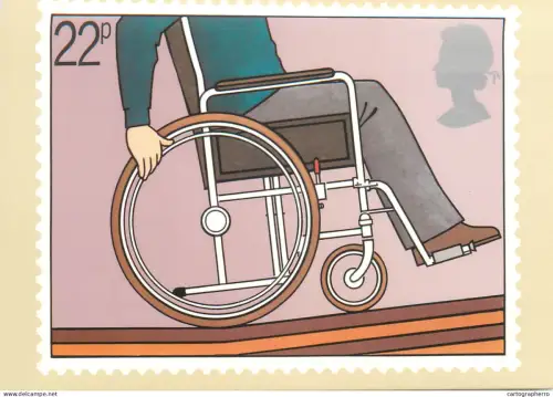 A5426 British stamp designed postcard Johm Gibbs Person in wheelchair
