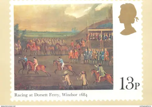 A5425 British stamp designed postcard Stuart Rose Racing at Dorsett Ferry Windsor 1684