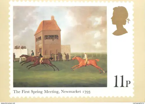 A5425 British stamp designed postcard Stuart Rose First spring meeting Newmarket 1793