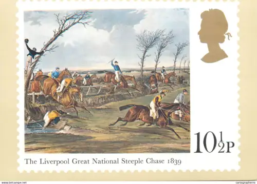 A5425 British stamp designed postcard Stuart Rose Liverpool great national Steeple chase 1839