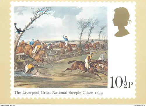 A5425 British stamp designed postcard Stuart Rose Liverpool great national Steeplechase 1839