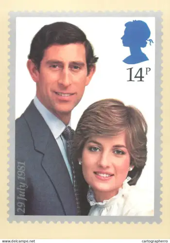 A5425 British stamp designed postcard Jeffery Mathews Prince of Wales and Lady Daiana Spencer wedding