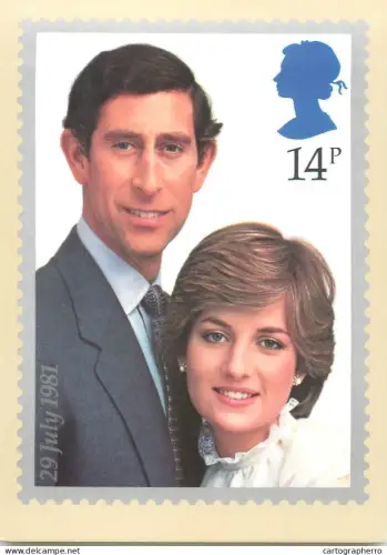 A5425 British stamp designed postcard Jeffery Mathews Prince of Wales and Lady Daiana Spencer wedding