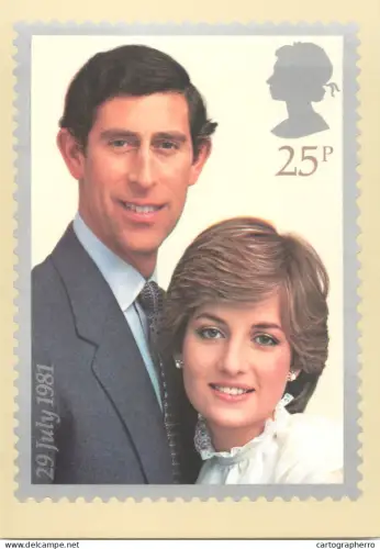 A5425 British stamp designed postcard Jeffery Mathews Prince of Wales and Lady Daiana Spencer wedding