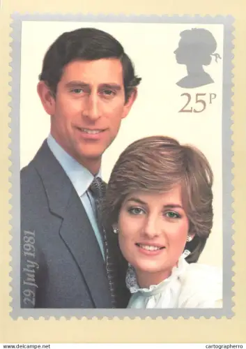 A5425 British stamp designed postcard Jeffery Mathews Prince of Wales and Lady Daiana Spencer wedding