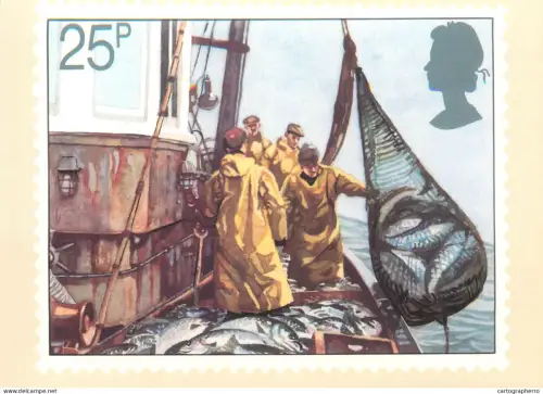 A5425 British stamp designed postcard Brian Sanders Hauling seine net