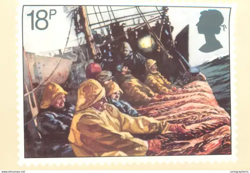 A5425 British stamp designed postcard Brian Sanders Hauling side trawl