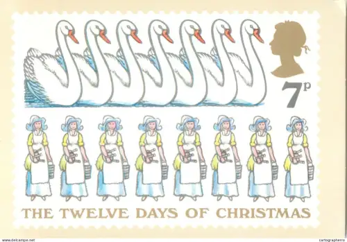 A5424 British stamp designed postcard David Gentleman Twelve days of Cristmas 7swans 8 maids