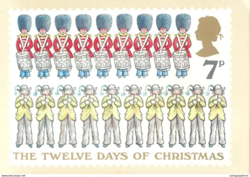 A5424 British stamp designed postcard David Gentleman Twelve days of Cristmas 9 drums 10 pipes