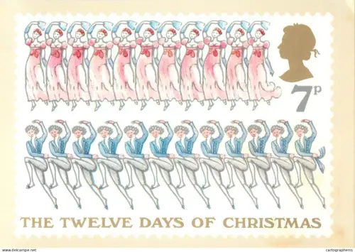 A5424 British stamp designed postcard David Gentleman Twelve days of Cristmas Dancing ladies and lords