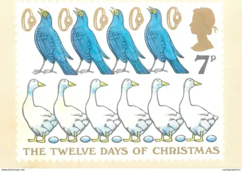 A5424 British stamp designed postcard David Gentleman 12 day of Christmas geese gold ring colly bird