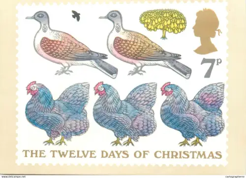 A5424 British stamp designed postcard David Gentleman Tow turtle doves, three french hens