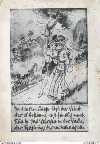 A6211 Postkarte aus der Zeit des Zweiten Weltkriegs, die eine satirische Karikatur eines Soldaten mit einer Frau