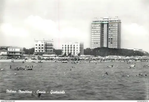 A6216  Italy Postcard - Milano Marittima Cervia: Beach View and Grattacielo Skyscraper 1959