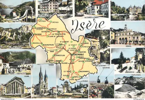A6216 CPSM France Map Postcard Isere - L'Alpe d'Huez, Vizille, Uriage & Voiron