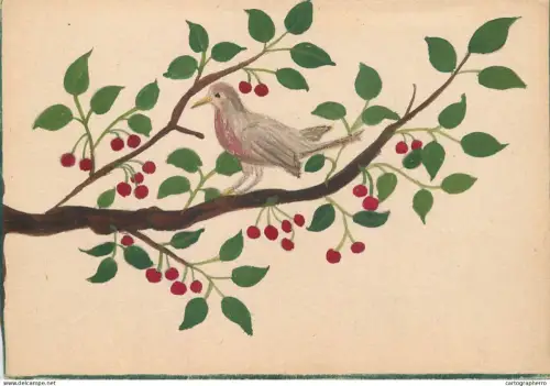 A6215 Vintage Graphic Illustration - Drawn Bird on Cherry Tree Branch with Berries
