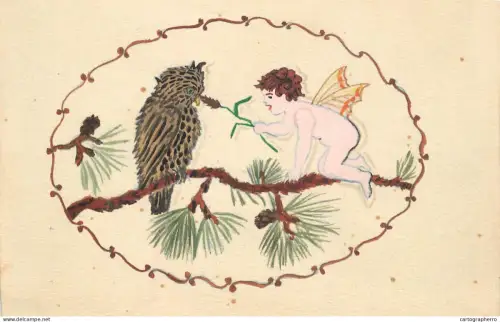 A6215 Graphic Illustration Cute Drawn Fairy / Elf and Owl on Pine Branch