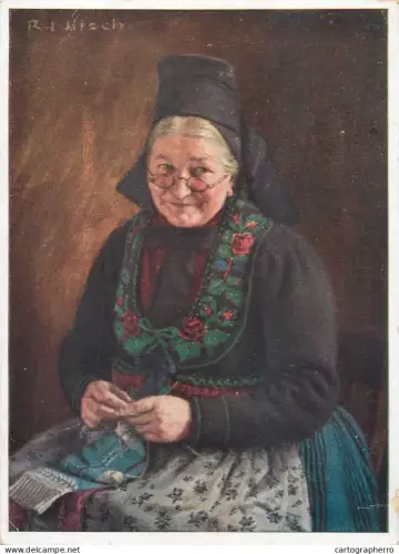 A6215 Art Postcard Richard Nitsch - Old Woman Knitting in Schlitz Folk Costume