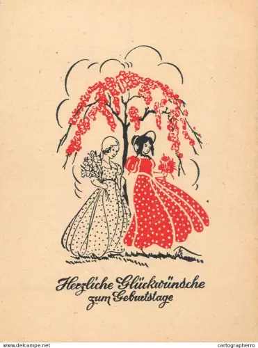 A6215 Silhouette Scherenschnitt Vintage German Birthday Postcard Herzliche Glückwünsche zum Geburtstage Girls & Flowers