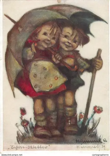 A6215 Artist Postcard Hummel Art - "Schön-Wetter" / Stormy Weather Kids & Umbrella 1942