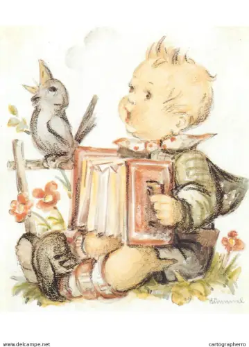 A6215 Artist Postcard Hummel Art - "Soloist" Boy playing Accordion with Bird