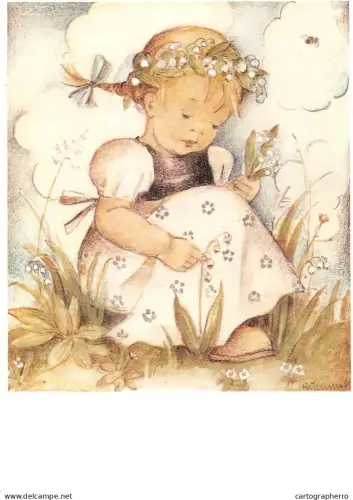 A6215 Artist Postcard Hummel Art - "Maiglöckchen" Angel Girl with Flower Wreath