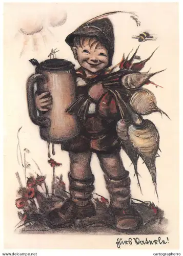 A6215 Artist Postcard Art Hummel - "Little Bavarian" Boy with Beer Stein & Radishes