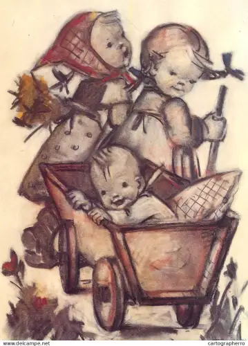 A6215 Artist Postcard Art Hummel -  "Joyful Arrival" Girls with Baby in Wooden Cart