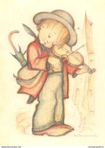 A6215 Artist Postcard Hummel Art "The Little Fiddler" Boy & Violin - Unposted
