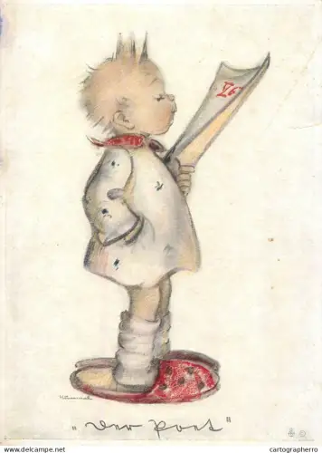 A6215 Vintage Postcard Berta Hummel "Der Poet" / Pantoffel Zeitung
