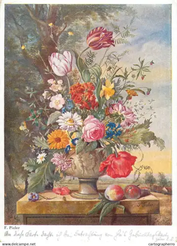 A6215 Vintage Postcard F. Pieler - Elegant Floral Arrangement with Tulips, Roses & Peaches